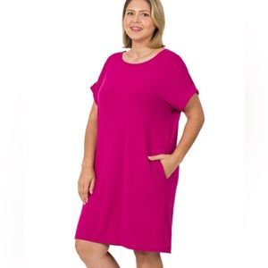 Magenta Rolled Sleeve Round Neck Dress